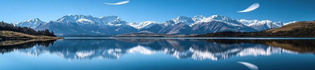 Naklejka premium The breathtaking view captures the essence of tranquility with snow-capped mountains rising majestically in the background while their pristine reflections shimmer in the perfectly still lake below.