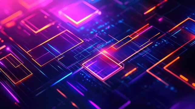 Vibrant abstract 3D rendering of glowing geometric lines in neon colors on a dark background, ideal for modern business themes and digital designs.