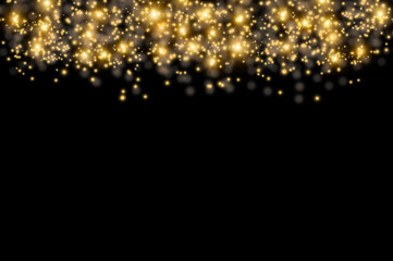 Sparkle Effect.Festive abstract christmas texture, golden bokeh particles and highlights on dark background. High quality photo