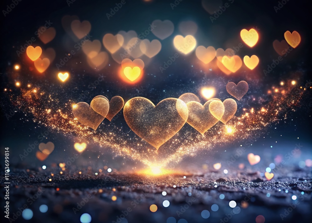 Poster Minimalist Hearts Formed by Particles on a Dark Background with Bokeh Effects Created Using Generative AI Technology for Stunning Visuals and Modern Aesthetic Appeal