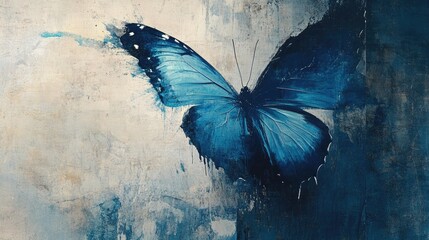 Vibrant abstract painting featuring a large blue butterfly surrounded by textured background in shades of muted blue and cream, creating an artistic focal point.