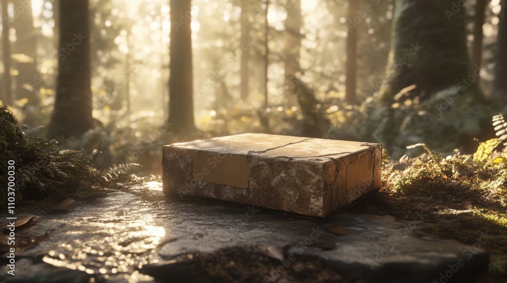 Poster rustic cardboard box resting on mossy stone in serene forest with sunlight filtering through trees, 