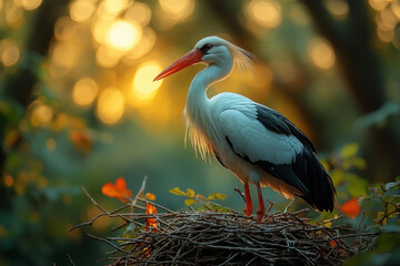 Fototapeta premium Elegant and poised, the stork stands as a symbol of grace and new beginnings. With its slender frame and striking plumage, this majestic bird embodies the beauty of wetlands and open skies.