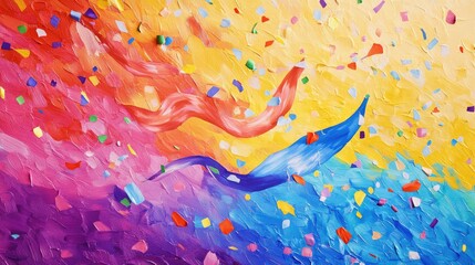 A colorful celebration of pride with swirling ribbons in vibrant hues and sparkling confetti, embodying joy and unity within the LGBTQ community.