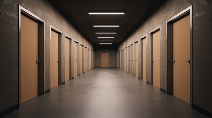 Symmetrical hallway with brown doors on both sides, leading to a distant focal point under sleek lighting.