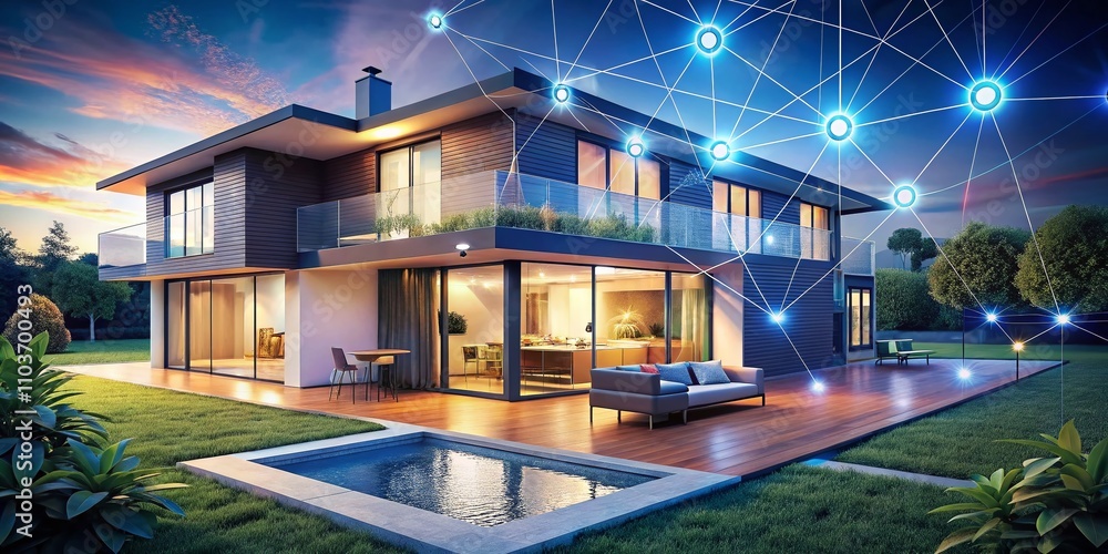 Poster minimalistic illustration of ai integration in smart homes showcasing modern technology in a linear 
