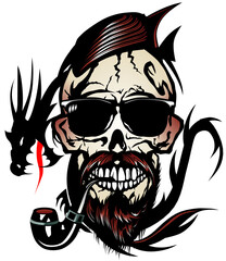 Tête de mort à moustache et barbe hipster skull moustachu et crane barbu lunette de soleil pipe dragon tribal
