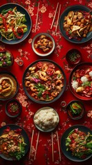 Top view of delicious chinese food meal on red table background for celebration chinese new year. chinese food