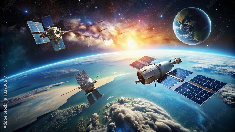 Poster minimalistic satellite designs representing global communication and technology in a clean, modern a