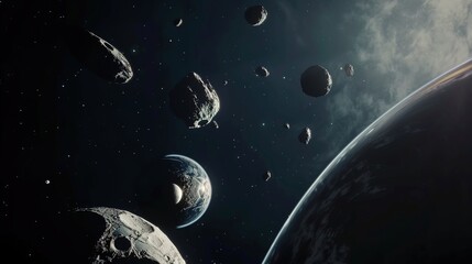 Naklejka premium A display of various celestial bodies in a galaxy, Nebula and galaxies in space. Abstract cosmos background