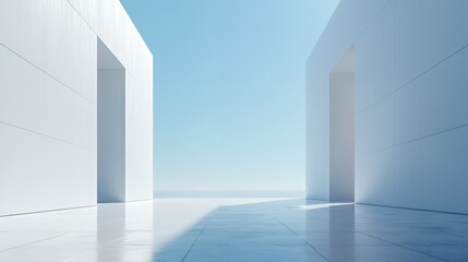 Obraz premium A serene architectural space with white walls and open doorways under a clear blue sky.