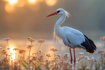 Obraz premium Elegant and poised, the stork stands as a symbol of grace and new beginnings. With its slender frame and striking plumage, this majestic bird embodies the beauty of wetlands and open skies.