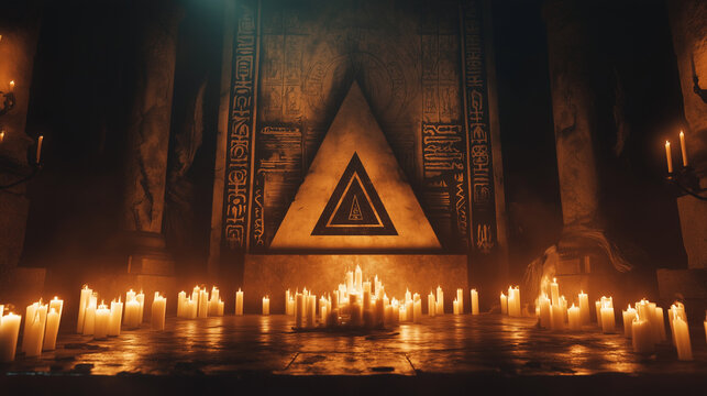 A dark altar featuring the Illuminati triangle symbol surrounded by candles, with ancient scripts engraved in the background