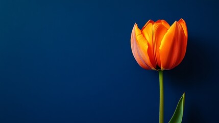 A bright orange tulip against a deep cobalt blue background, close-up shot, Minimalist style
