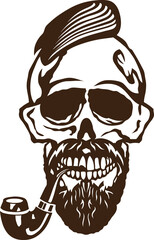 Tête de mort à moustache et barbe hipster skull moustachu et crane barbu fume pipe