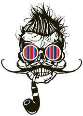Tête de mort à moustache hipster skull moustachu et crane lunette de soleil ronde rayures
