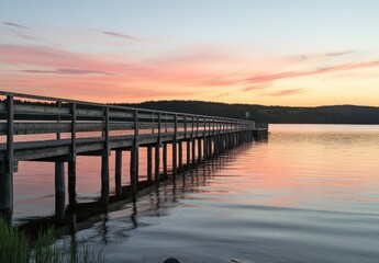Fototapeta premium Serene Wooden Pier at Sunset Reflecting in Calm Waters with Gentle Colors and Tranquil Landscape, Perfect for Nature and Outdoor Themes