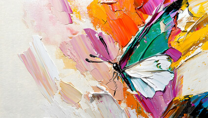Abstract painting background with vibrant colors and textured brush strokes, featuring an artistic butterfly shape in green on the right side of the canvas