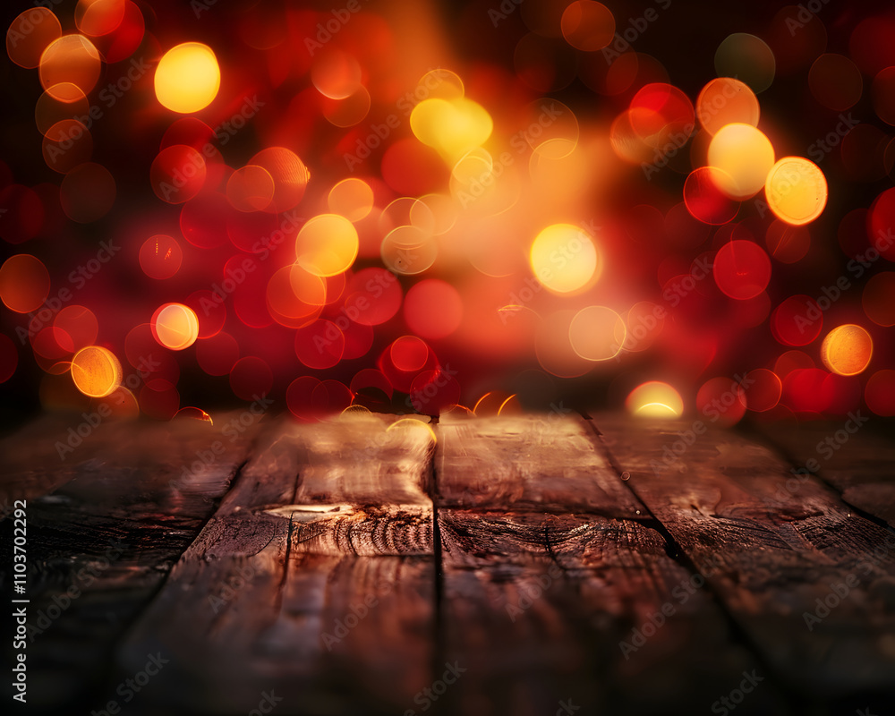 Poster a blurred background of warm bokeh lights with a rustic wooden tabletop.