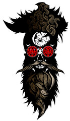 Tête de mort à moustache et barbe hipster skull moustachu et crane barbu lunette de soleil ronde lion