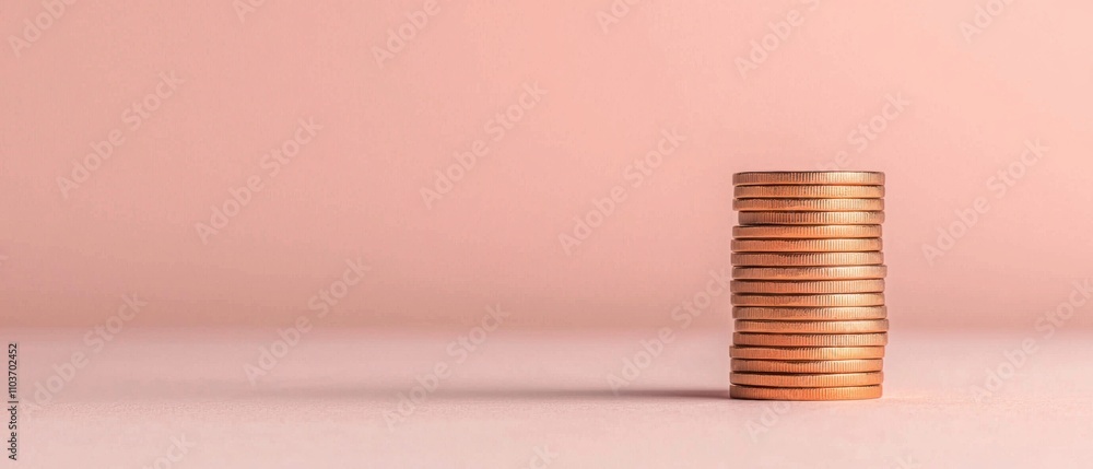 Poster stack of coins on a plain pink background. the coins are arranged in a vertical line, with the topmo