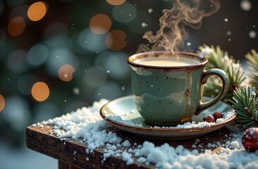 A mug of steaming beverage sits on a snowy wooden table with pine branches and ornaments