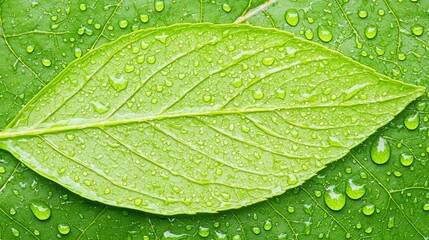 Vibrant green leaf covered in fresh raindrops, close-up. Natural freshness and beauty, captured in detail.