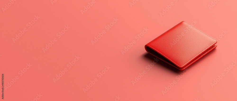 Poster flat lay of a red leather wallet on a coral-colored background. the wallet is positioned in the cent