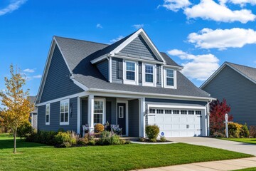Pitched roof attic of a luxury American home featuring a gable with gray vinyl siding and white gutter system