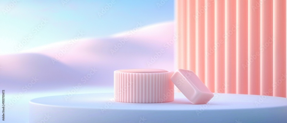 Poster 3d rendering of a pink cylindrical object on a white pedestal. the object appears to be a small, rou