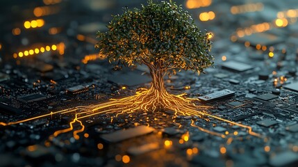 Futuristic Tree Rooted in Glowing Motherboard Symbolizing Nature s Embrace of Technology