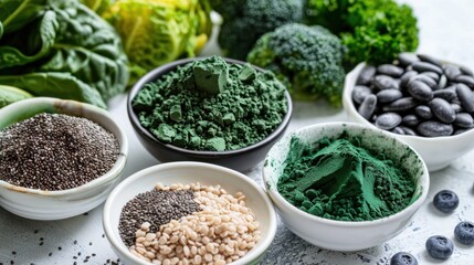 Fototapeta premium Plant-Based Superfoods: Superfoods such as chia seeds, spirulina, and açai powder, packed with essential nutrients and antioxidants to fuel your plant-based lifestyle. 
