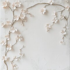 Elegant white floral arrangement on a textured light background, showcasing delicate blossoms and organic shapes.