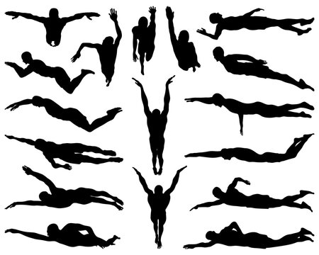 Black silhouettes of swimmers on a white background	