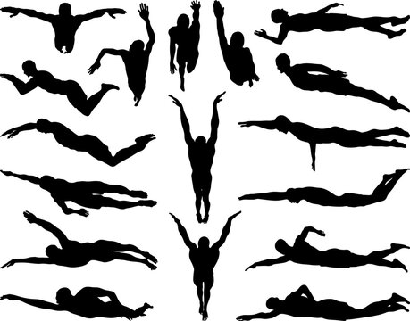 Black silhouettes of swimmers 
