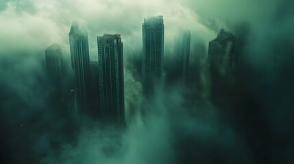 Fototapeta premium Skyscrapers Emerging From Dense Foggy Clouds