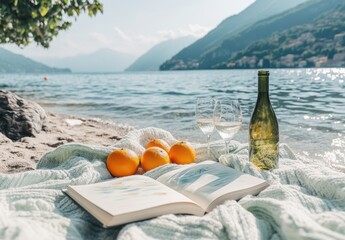 Tranquil Beach Scene Featuring a Book, Oranges, Wine Glasses, and a Beautiful Landscape with Mountains and Water on a Relaxing Summer Day