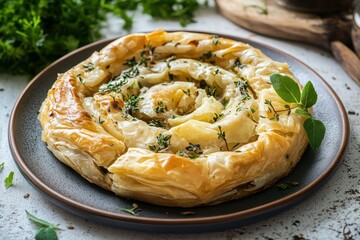 Plated Greek pie with spiral filo dough and filling