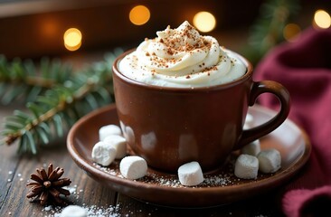 Hot chocolate with marshmallows, warm cozy Christmas drink in a wooden tray