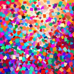 A vibrant, colorful abstract design featuring a chaotic arrangement of squares in various hues, creating a joyful mood.