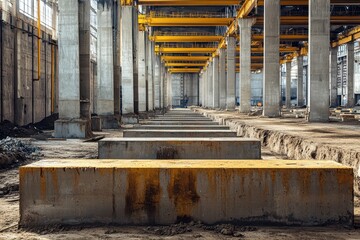 Precast concrete plant warehouses contain reinforced foundations for load bearing columns used in industrial buildings and workshops