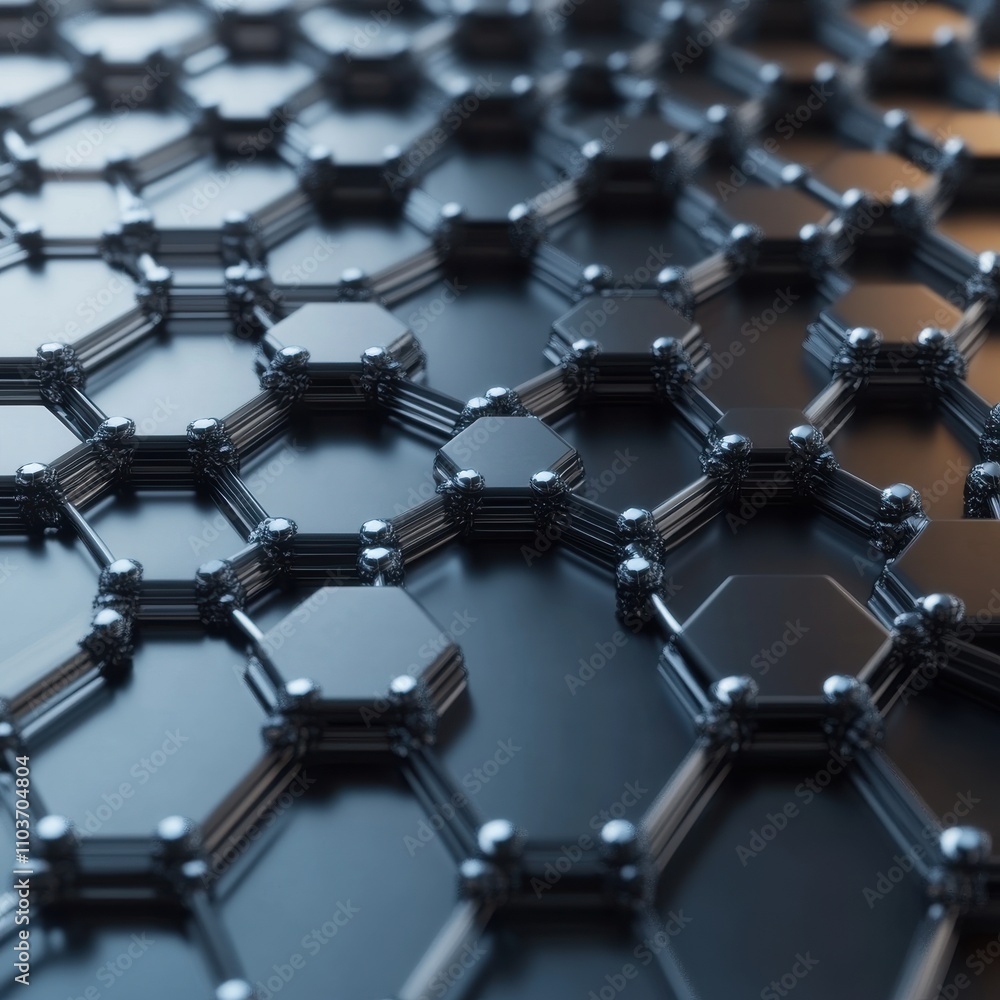 Poster close-up view of a black carbon hexagonal lattice structure, illustrating advanced material design a