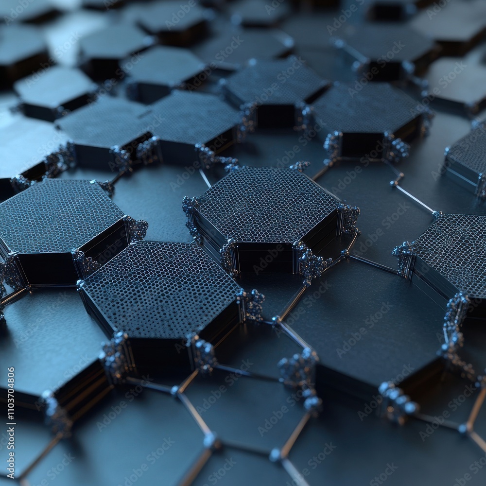 Poster intricate close-up of a futuristic hexagonal network, featuring a sleek black and blue color scheme,