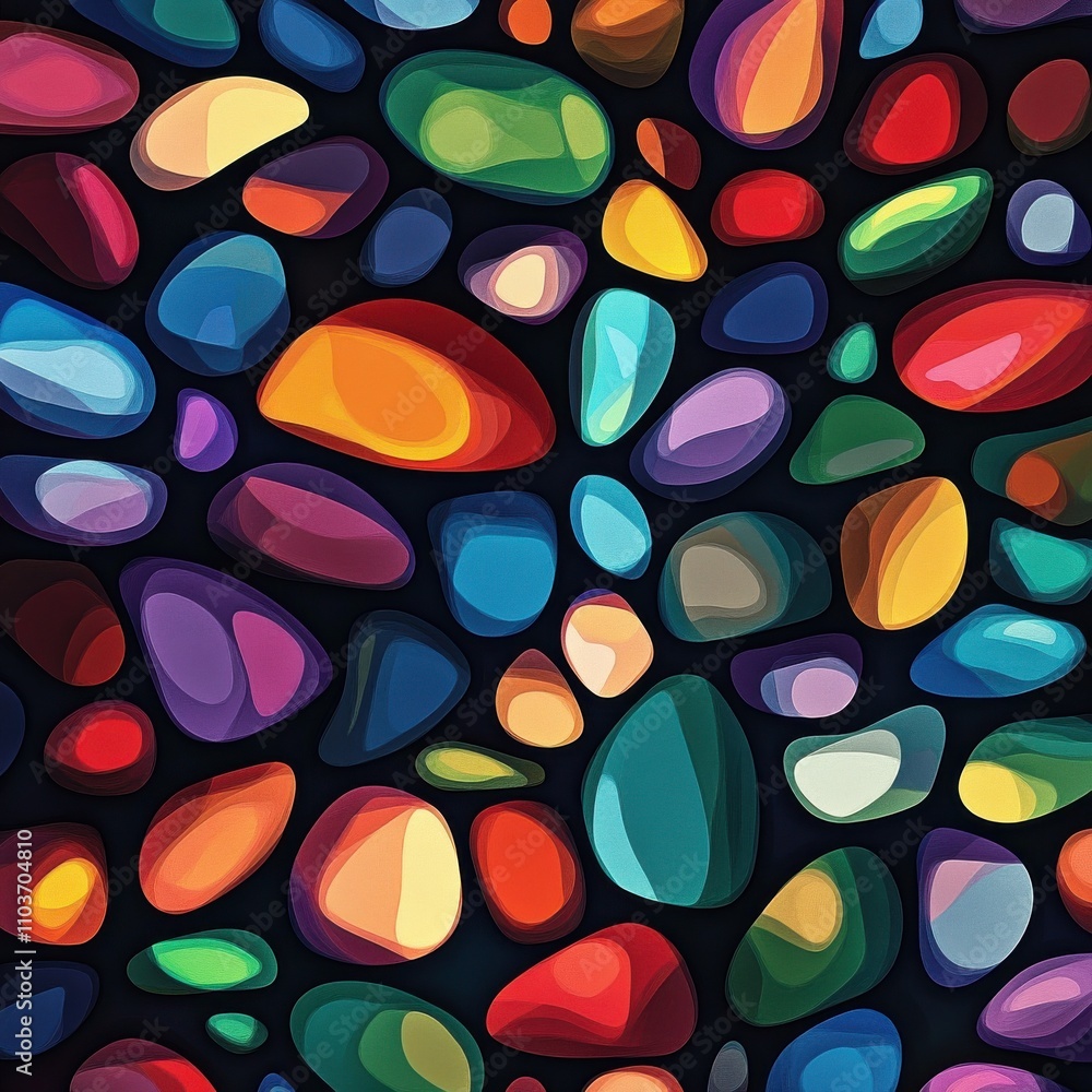 Poster colorful abstract pebbles pattern with vibrant shades, creating a dynamic and playful mood.