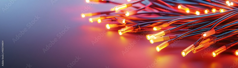 Poster fiber optic efficiency concept. a close-up of colorful led string lights, illuminating a dark backgr