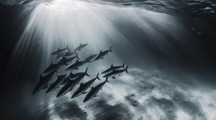 Underwater Scene of a School of Fish Swimming in Sunlit Waters with Rays of Light Creating a Stunning Monochrome Effect for Marine Photography Enthusiasts