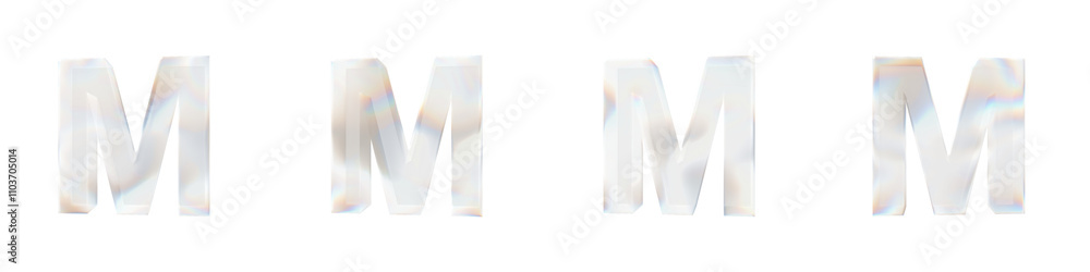 Poster set of 4 3d letter m with glass distortion effect isolated on a transparent background. 3d transpare
