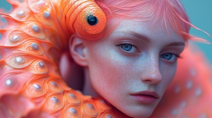 portrait of a person with a red hair and worm wrapped around her face