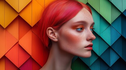 portrait of a person with pink and red hair standing on a background of rainbow wooden boards
