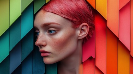 portrait of a person with pink and red hair standing on a background of colorful wooden boards
